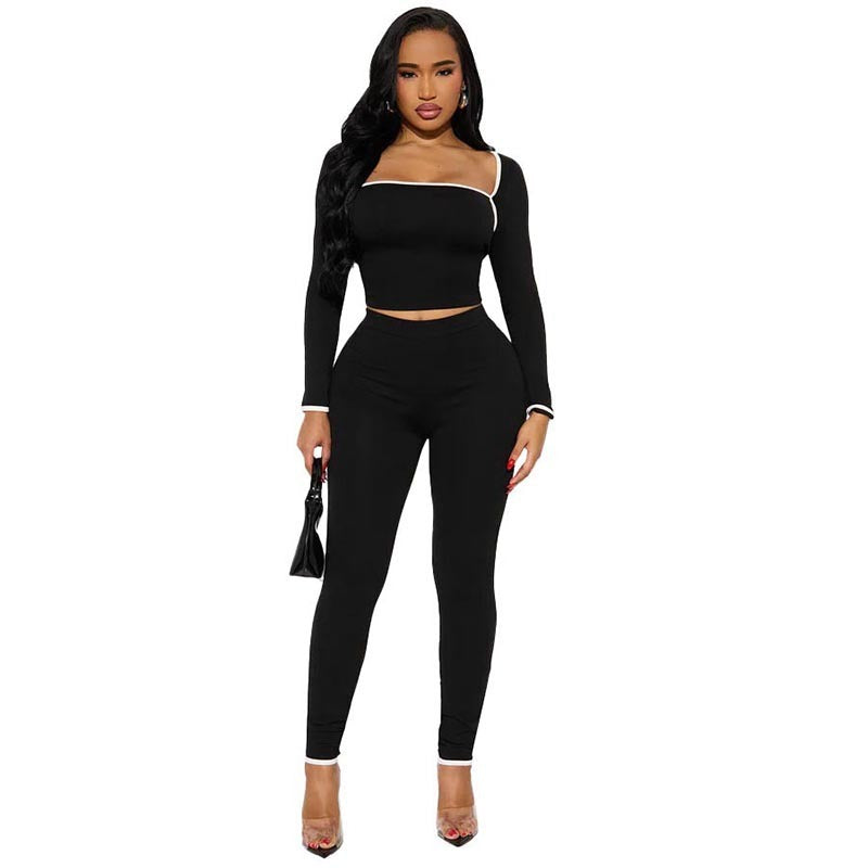 Unisex Slim Polyester Stripe Long Sleeve Top Trousers Suit