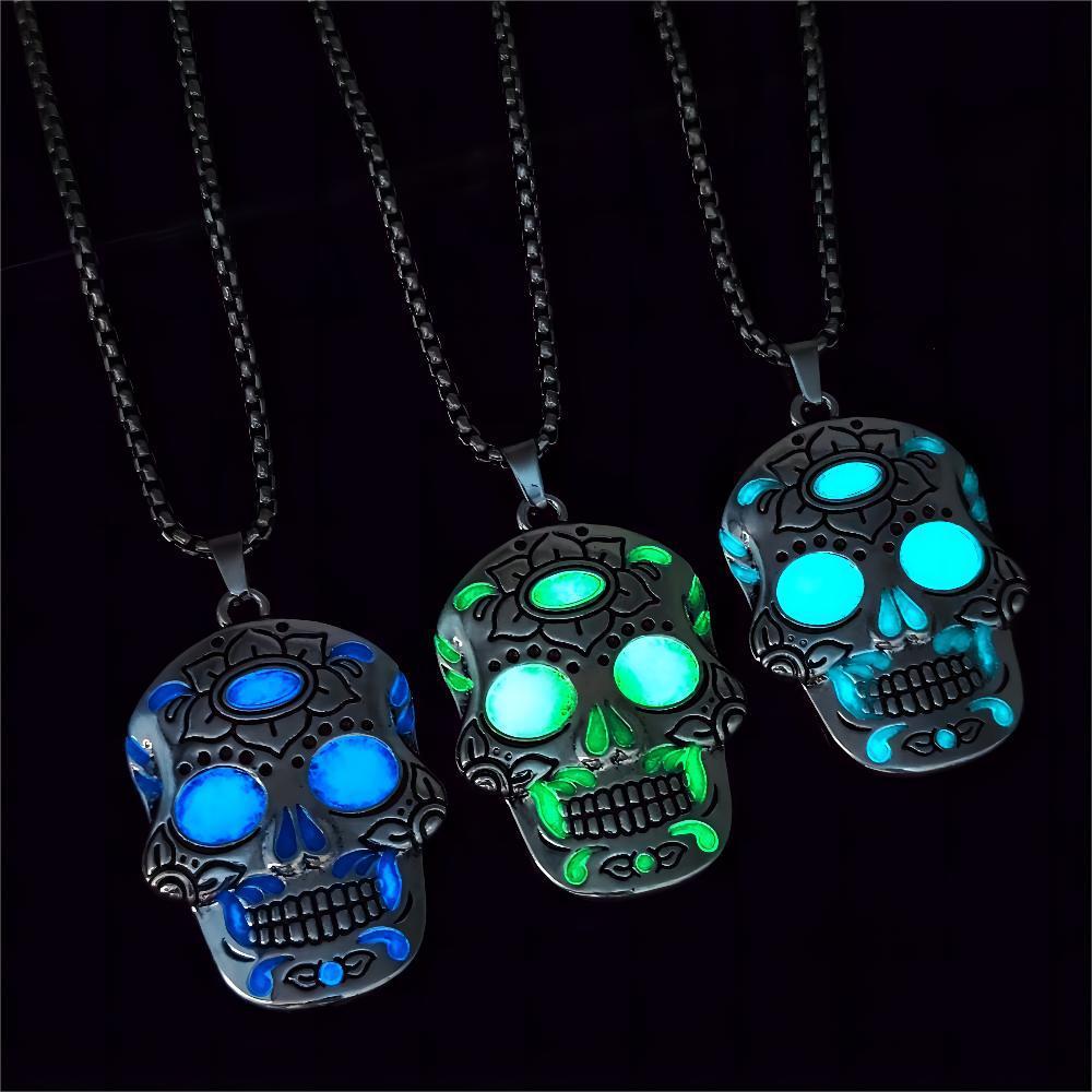 Halloween Luminous Skull Necklace – Day of the Dead Lotus Pattern Clavicle Pendant Jewelry Accessory