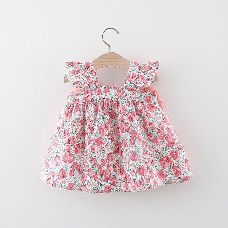Girls' Dress Suspenders Flounced Sleeve Printing