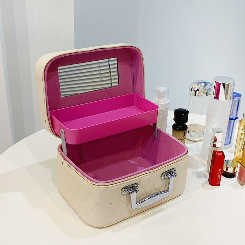 Cosmetic Bag with Mirror – Rhombus Embroidery Double-Layer Storage Caseesign Fashion Rhombus-Embroidery Double-layer Suitcase Large Capacity Make-up Storage Bags For Women