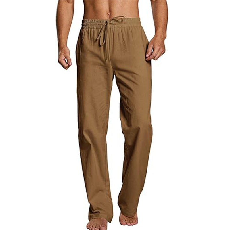 Men’s Cotton Linen Trousers – Loose Elastic Drawstring Waist Pants