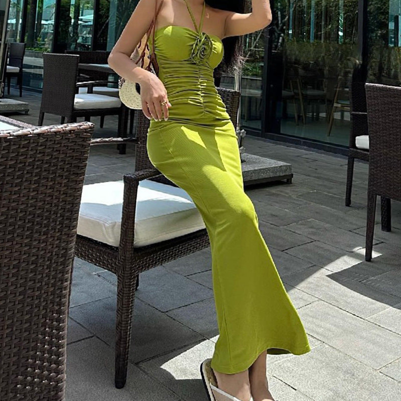 Women's Backless Sling Long Solid Milk Silk Polyester Dress