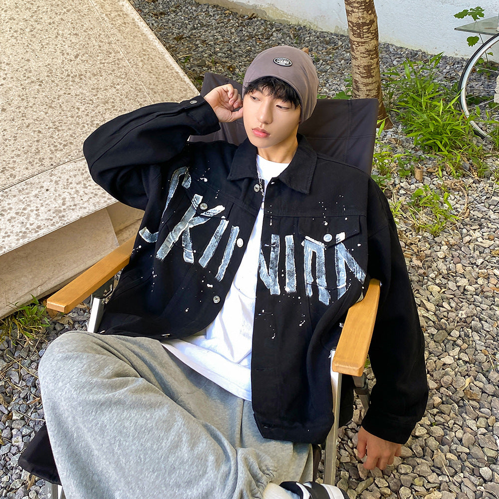 Graffiti Letter Printing Handsome High Street Denim Jacket For Young Men Baggy Coat