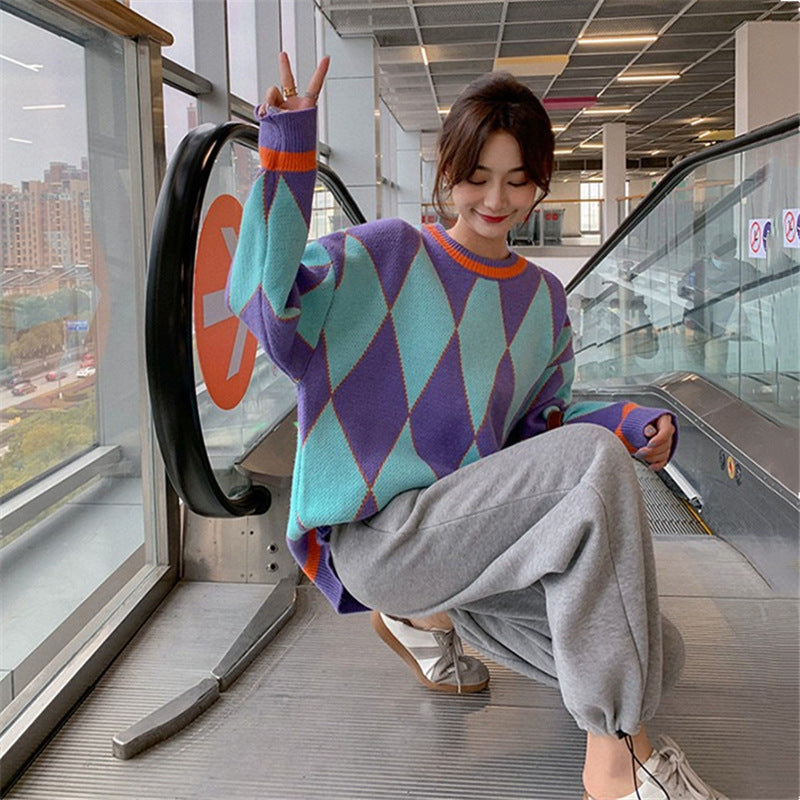 Retro Diamond-shaped Contrast Color Pullover Women