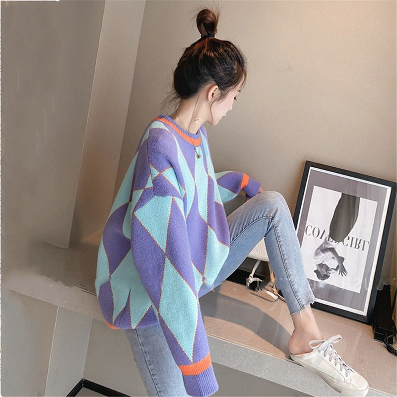 Retro Diamond-shaped Contrast Color Pullover Women