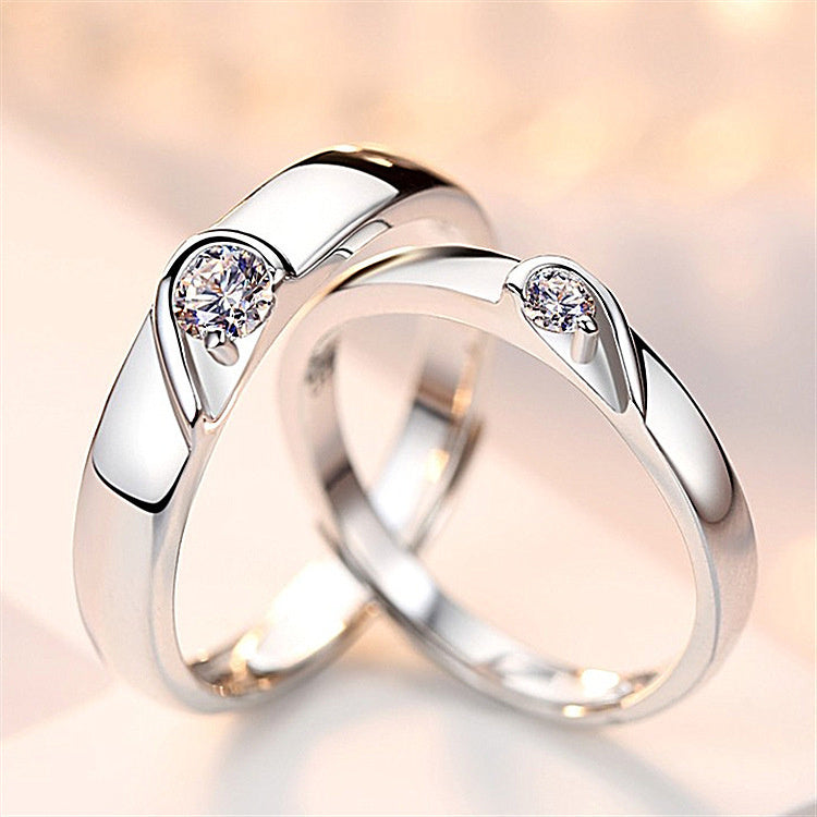 Elegant Silver Electroplated Copper Heart Diamond Couple Engagement Wedding Ring for Men and Women