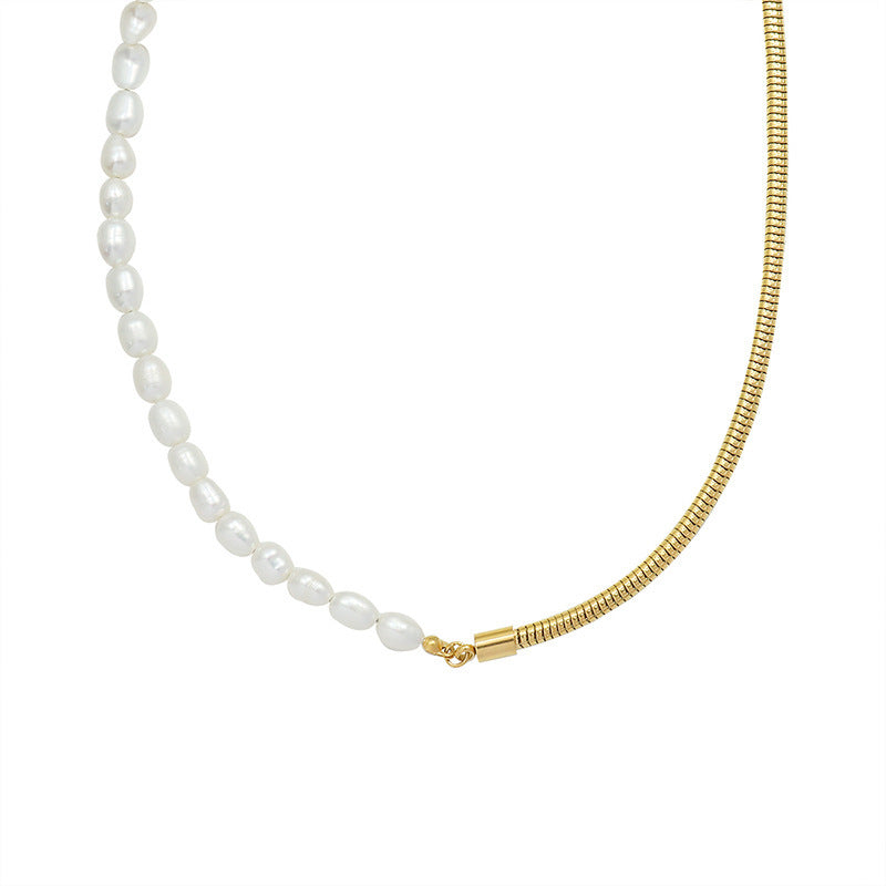 Popular Freshwater Pearl Necklace Heavy Metal Chain Design Titanium Steel Clavicle Chain