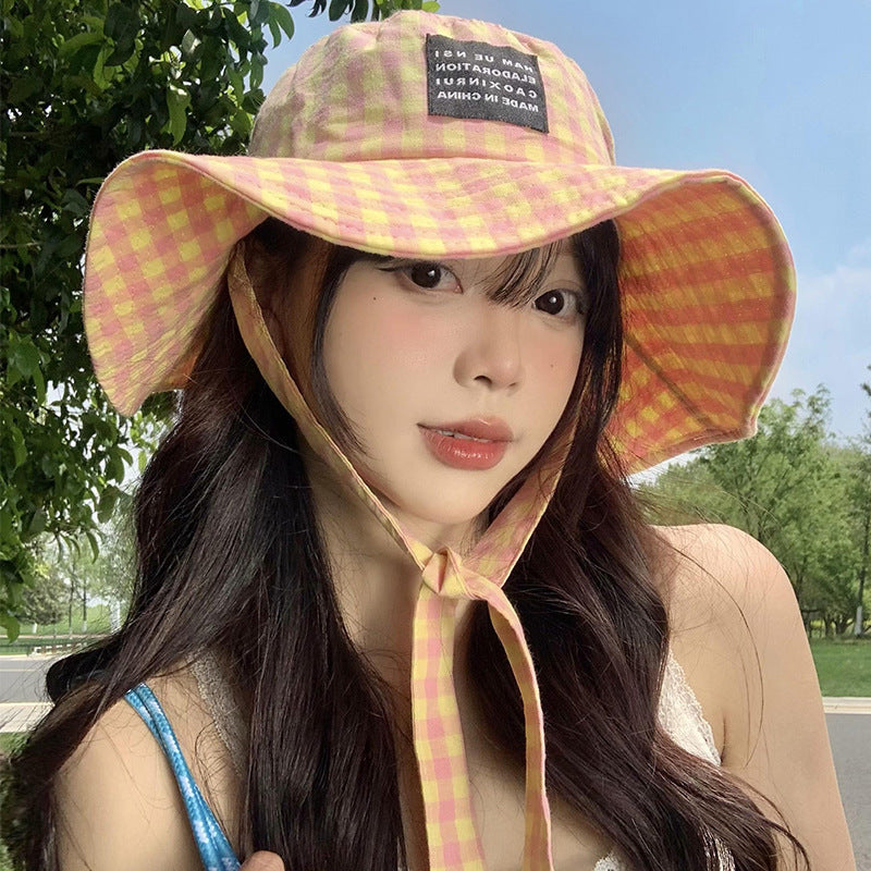 Breathable Cotton Tie-Neck Plaid Women’s Summer Japanese Retro Bucket Hat