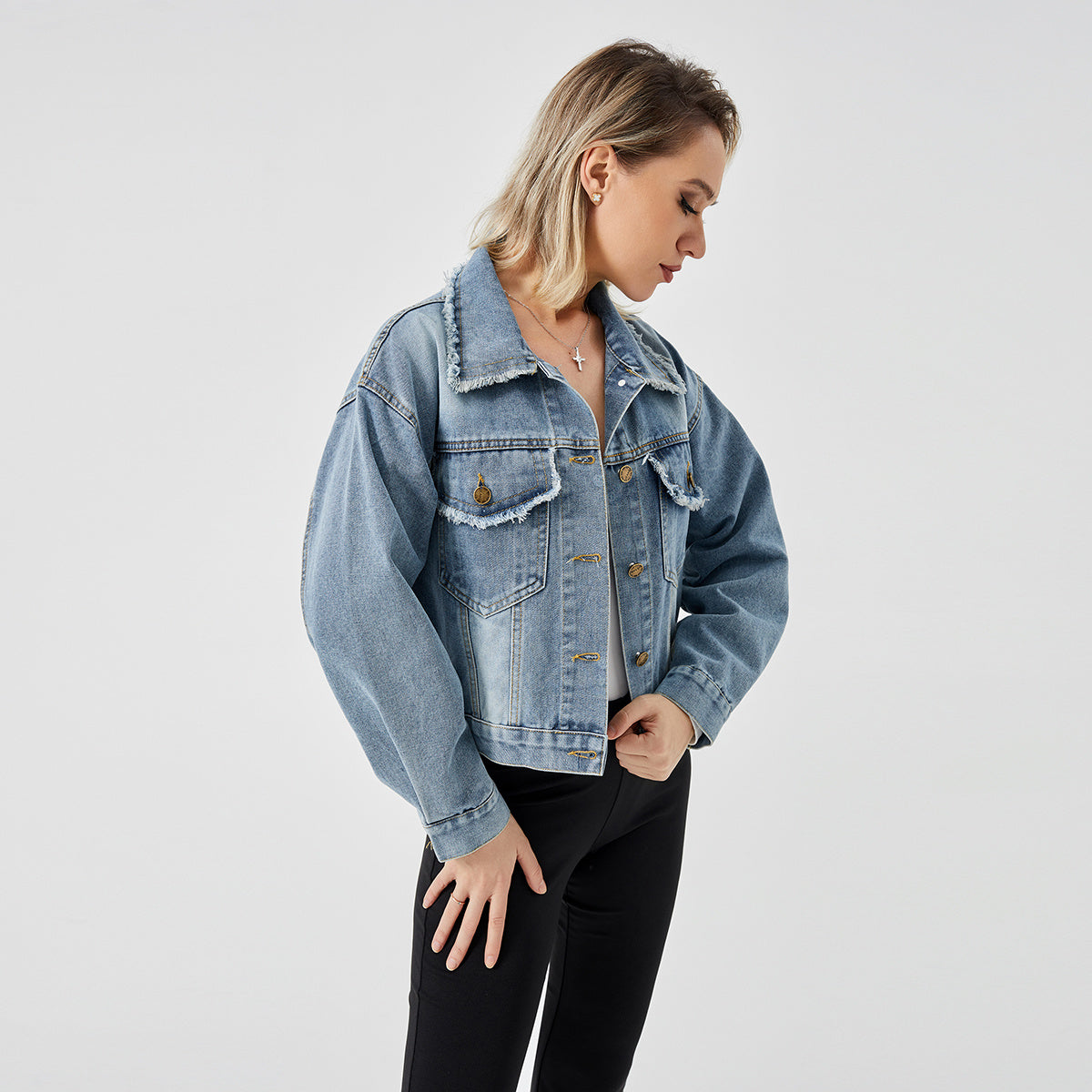 Women's Denim Jacket Long Sleeve Blue Fashion Essential Top