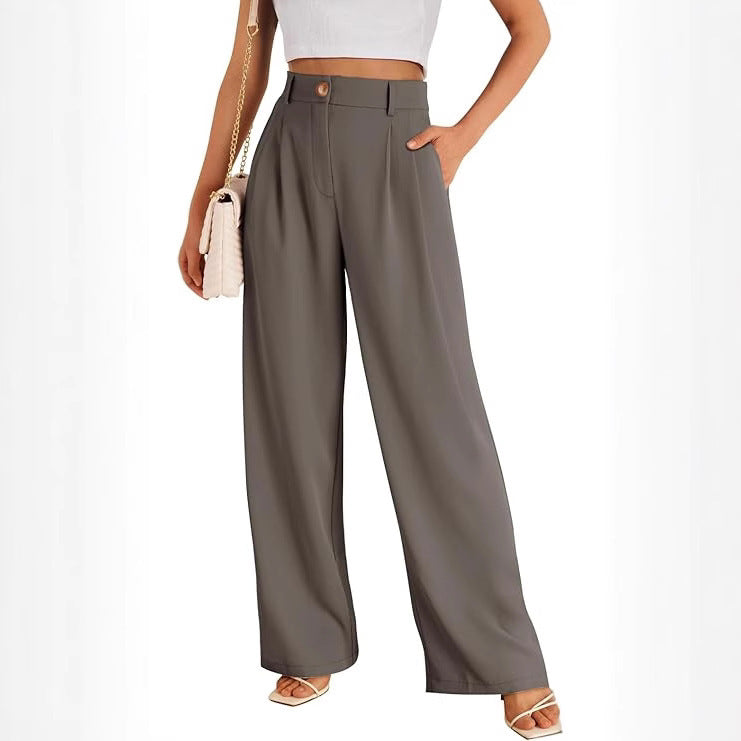 Women’s High-Waist Straight-Leg Pants with Zipper Detail – Elegant Polyester Trousers