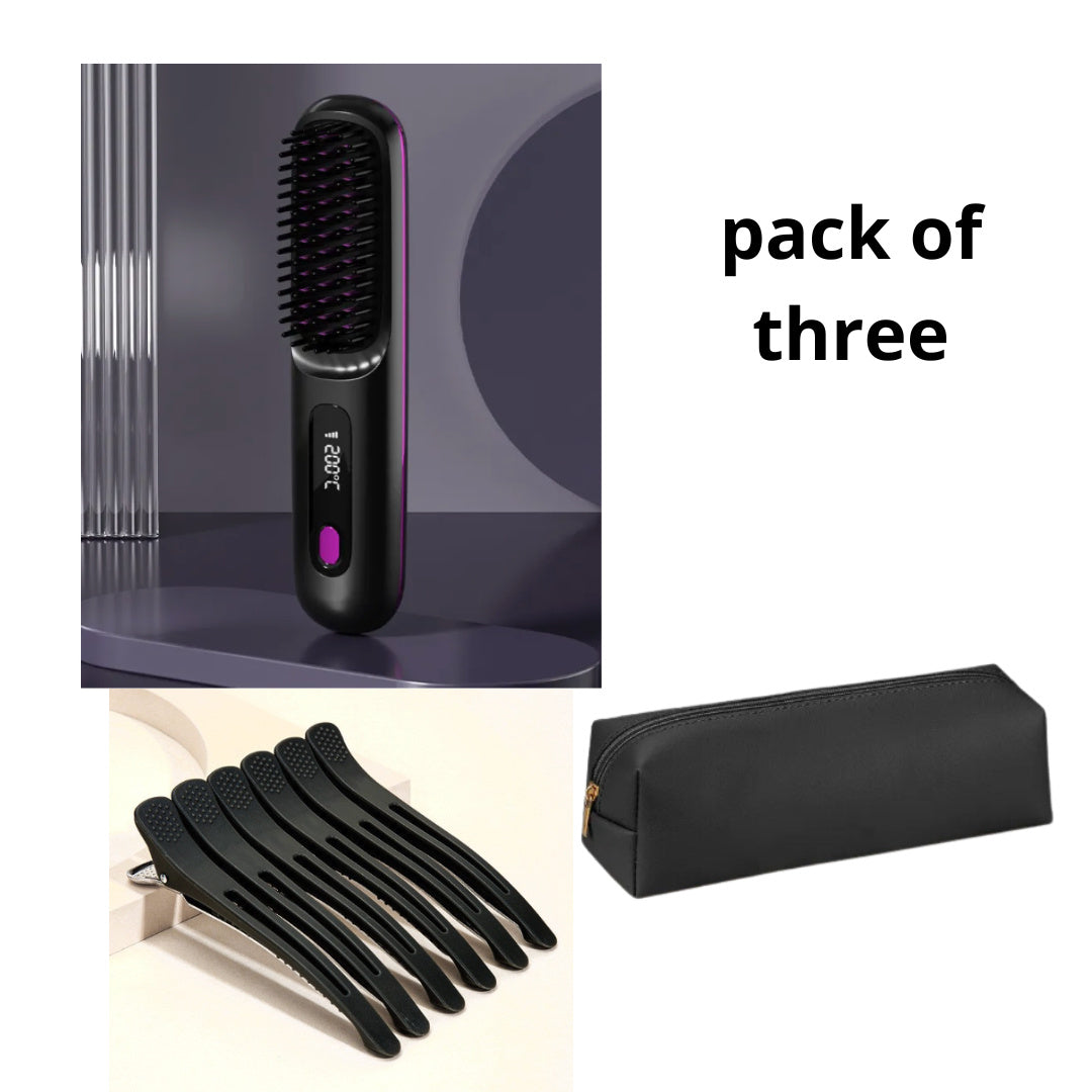 2-in-1 Wireless Hair Straightener Brush and Curler USB Rechargeable Fast Heating Comb