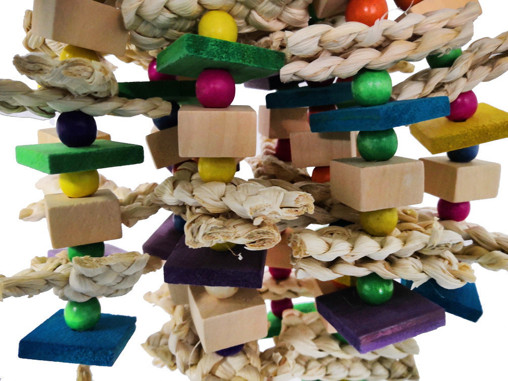 Parrots Gnaw On Toys Made Of Corn Husk And Wood