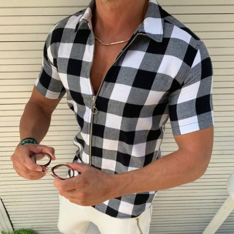 Mens Plaid Short Sleeve Shirt Regular Fit Acetate Lapel