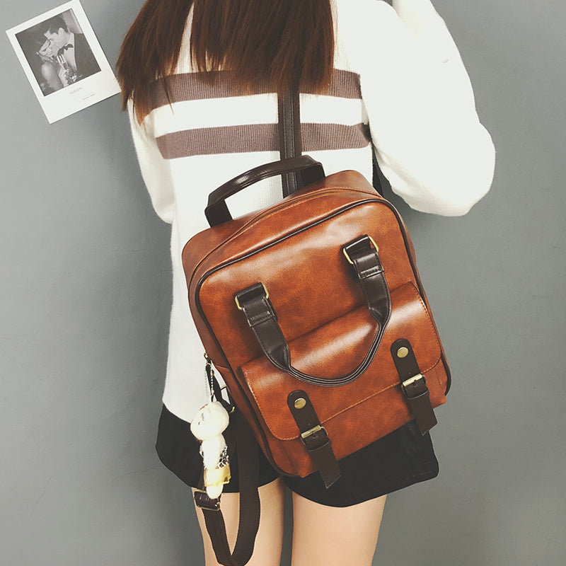 Women's PU Leather Backpack Retro Plain Campus Style