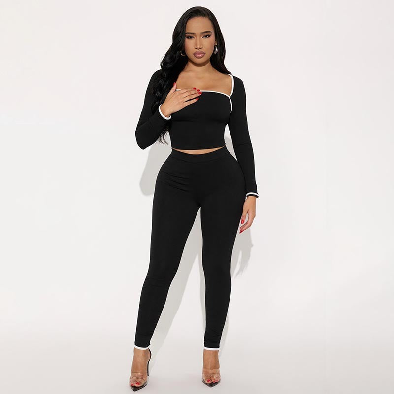 Unisex Slim Polyester Stripe Long Sleeve Top Trousers Suit