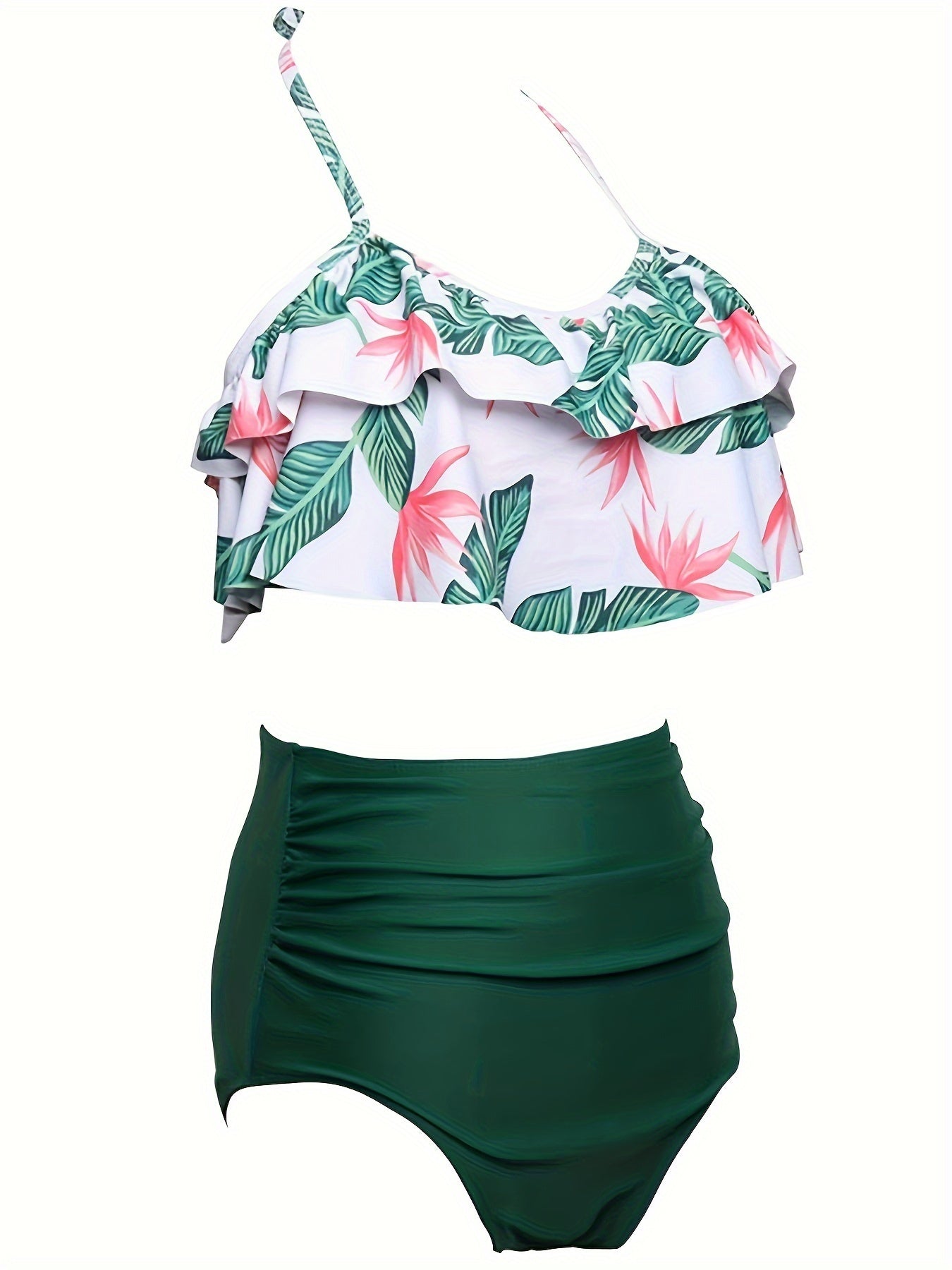 Retro Print Swimsuit Set – Dark Green Polyester Swimwear