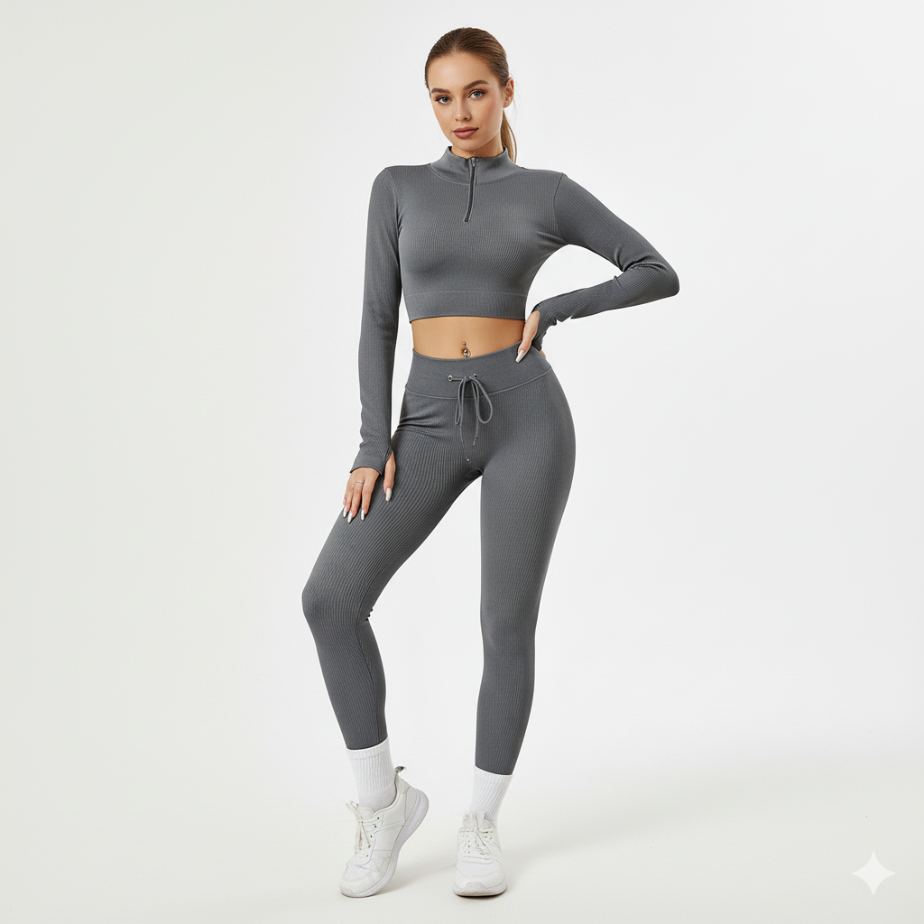 Women’s Seamless Ribbed Long-Sleeve Zip Crop Top and High-Waist Leggings 2-Piece Set