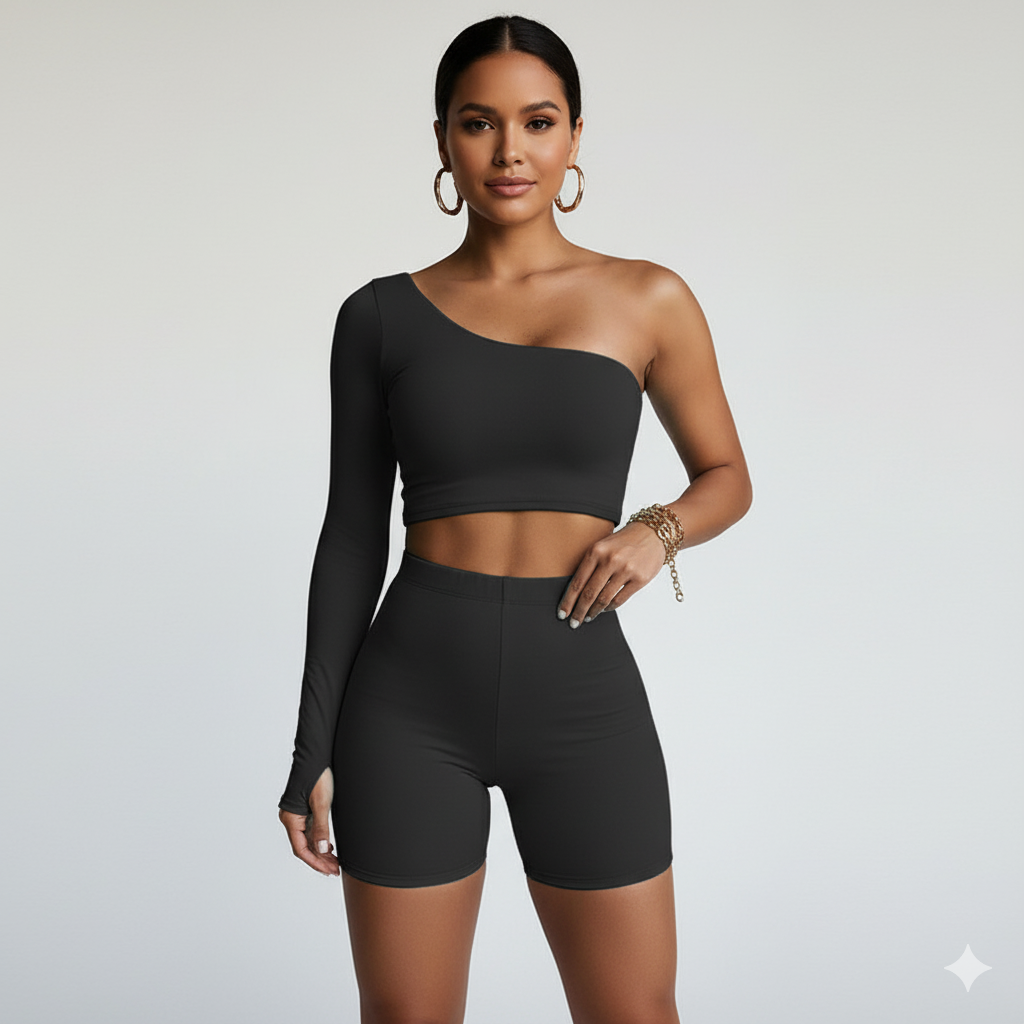 Women’s One-Shoulder Crop Top and High-Waist Shorts 2-Piece Set