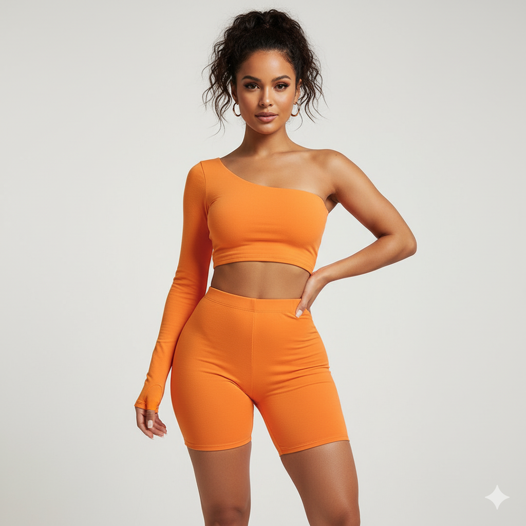Women’s One-Shoulder Crop Top and High-Waist Shorts 2-Piece Set