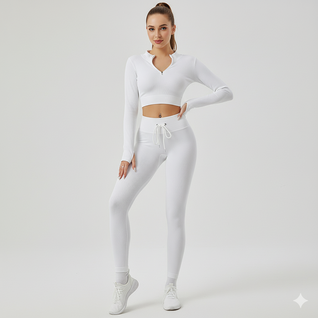 Women’s Seamless Ribbed Long-Sleeve Zip Crop Top and High-Waist Leggings 2-Piece Set