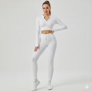 Women’s Seamless Ribbed Long-Sleeve Zip Crop Top and High-Waist Leggings 2-Piece Set