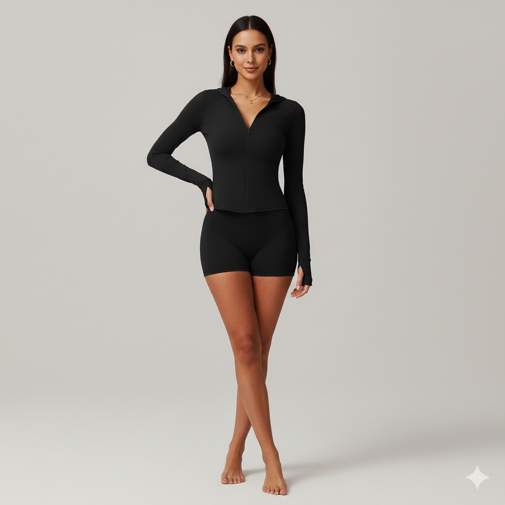 Women’s Zip-Up Hoodie Crop Top & High-Waist Shorts 2-Piece Set