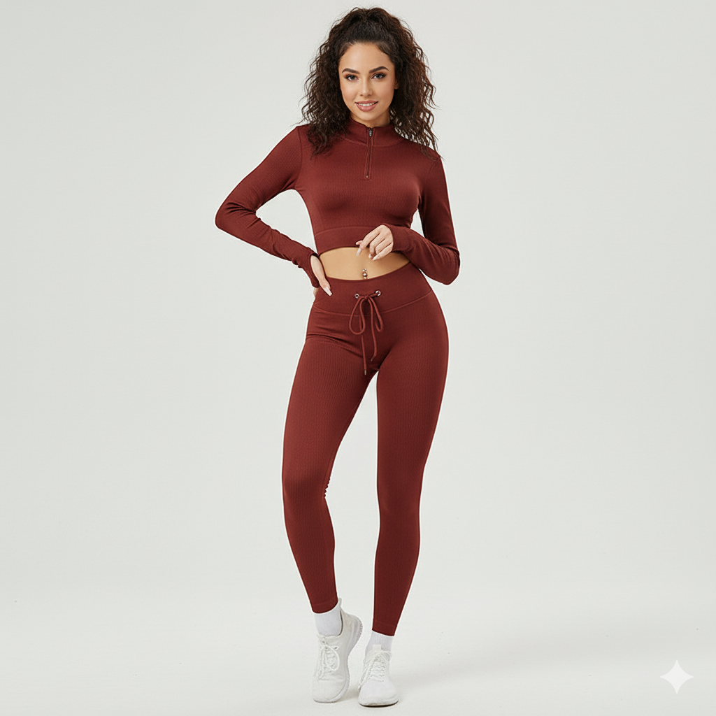 Women’s Seamless Ribbed Long-Sleeve Zip Crop Top and High-Waist Leggings 2-Piece Set