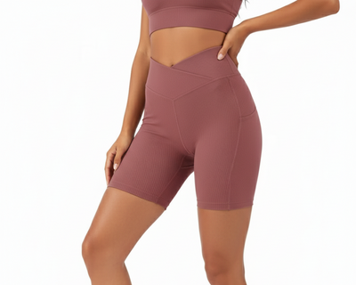 High Rise Sports Shorts for Women – Leopard Print Workout & Running Shorts with Pockets