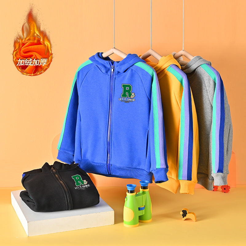 Baby Letter Patched Pattern Colorful Striped Sleeves Zipper Coat