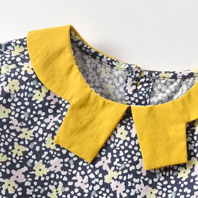 Baby Girl Floral Print Doll Neck Patchwork Design Cotton Dress
