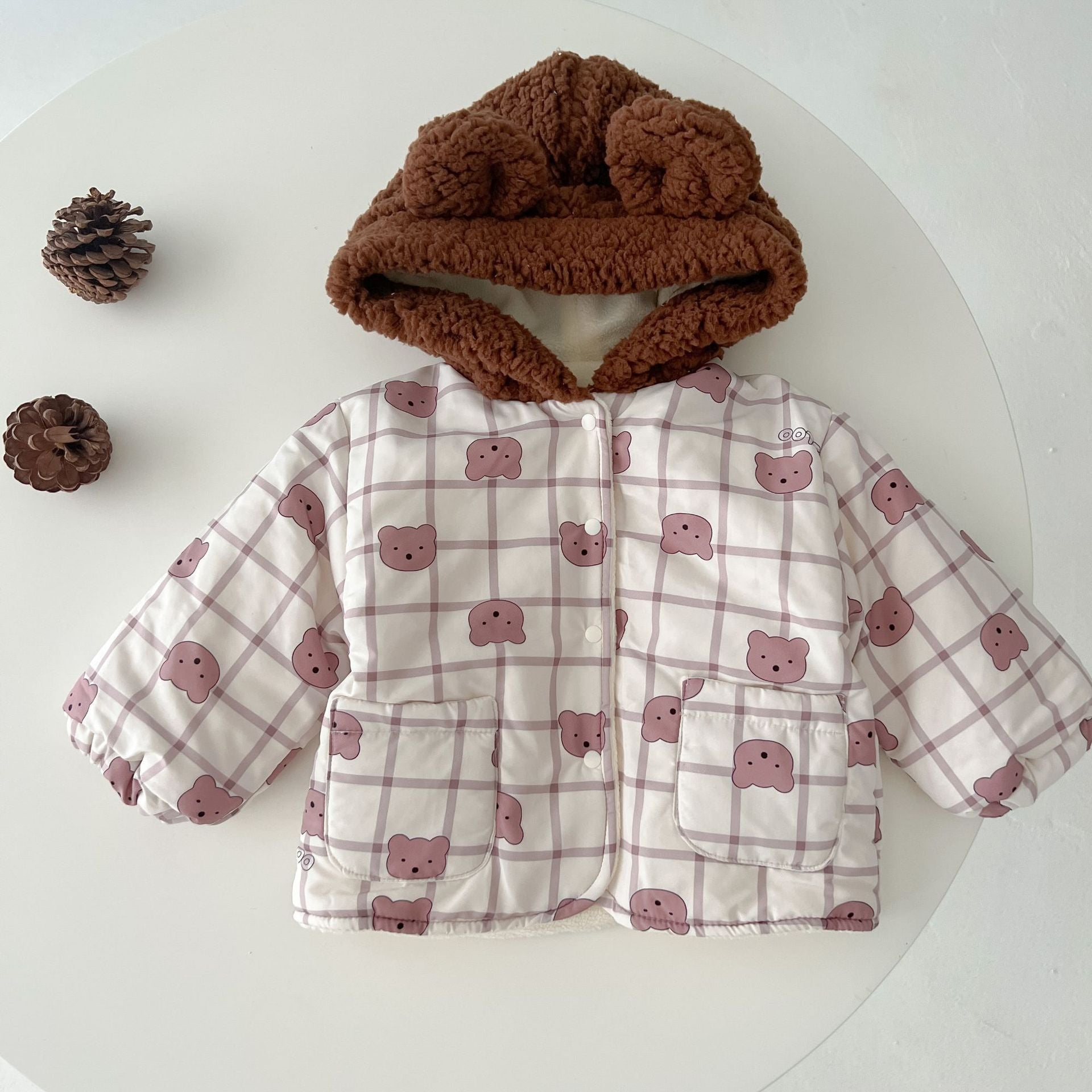 Baby Cute Bear Print Pattern Patchwork Hooded Padded Jacket