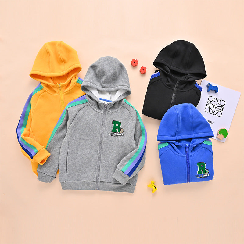 Baby Letter Patched Pattern Colorful Striped Sleeves Zipper Coat