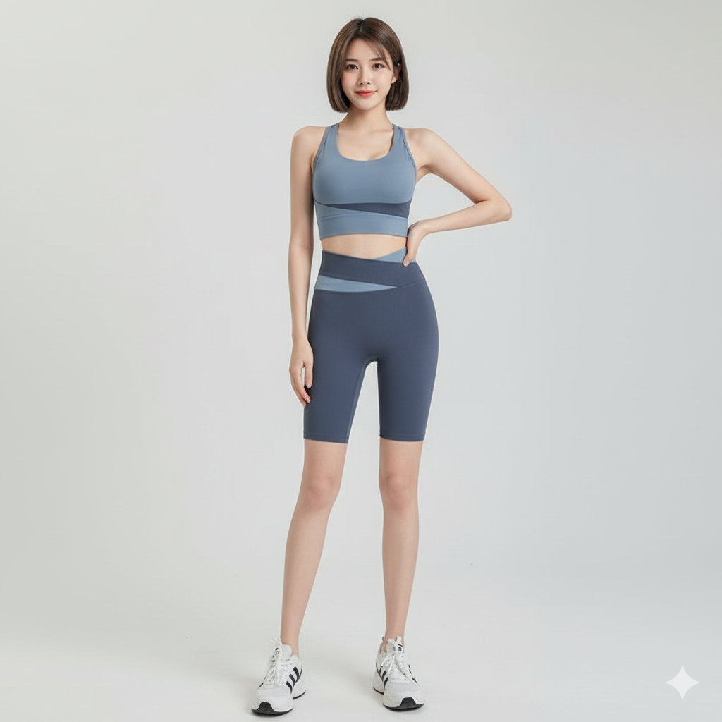 Women’s Color-Block Sports Bra and High-Waist Biker Shorts 2-Piece Set