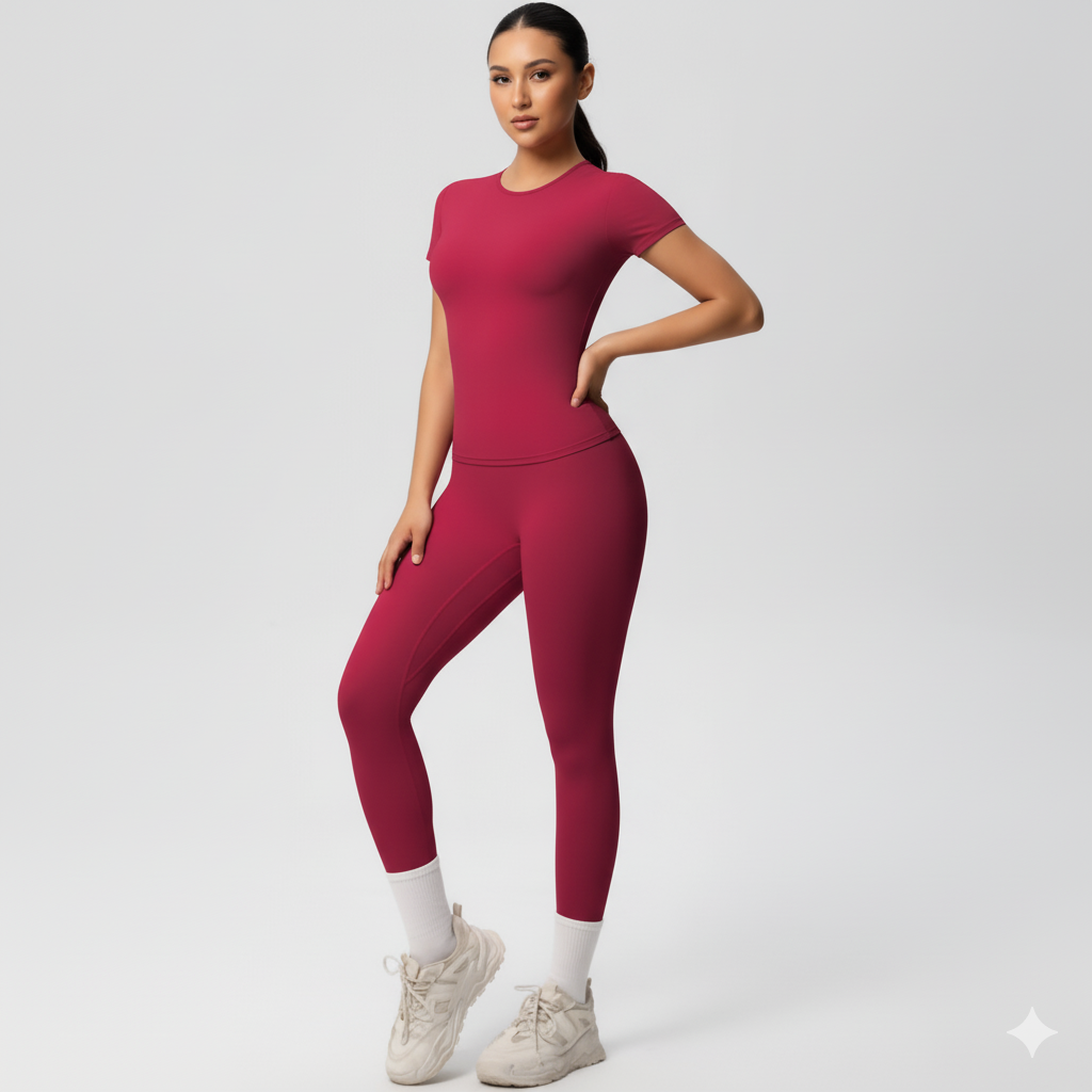 Women’s Short-Sleeve Sports Top and High-Waist Leggings 2-Piece Set
