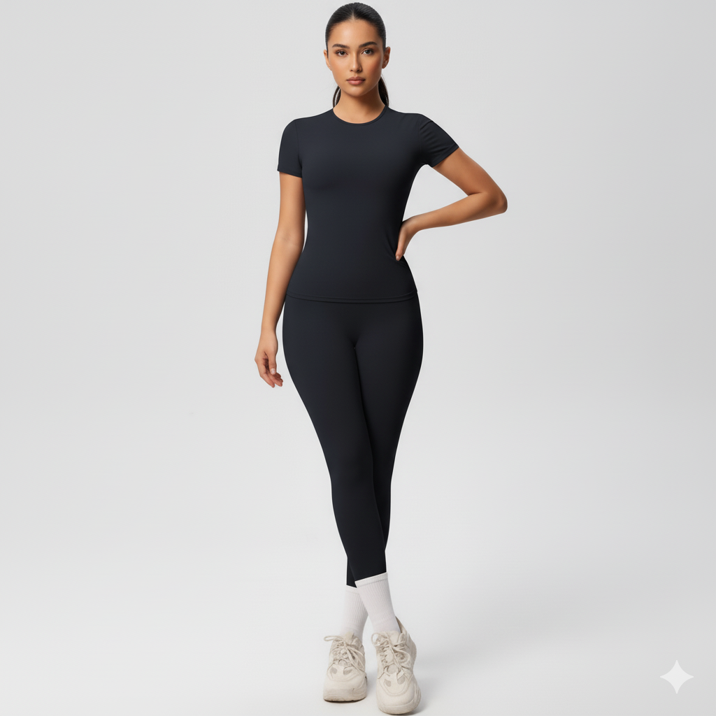 Women’s Short-Sleeve Sports Top and High-Waist Leggings 2-Piece Set