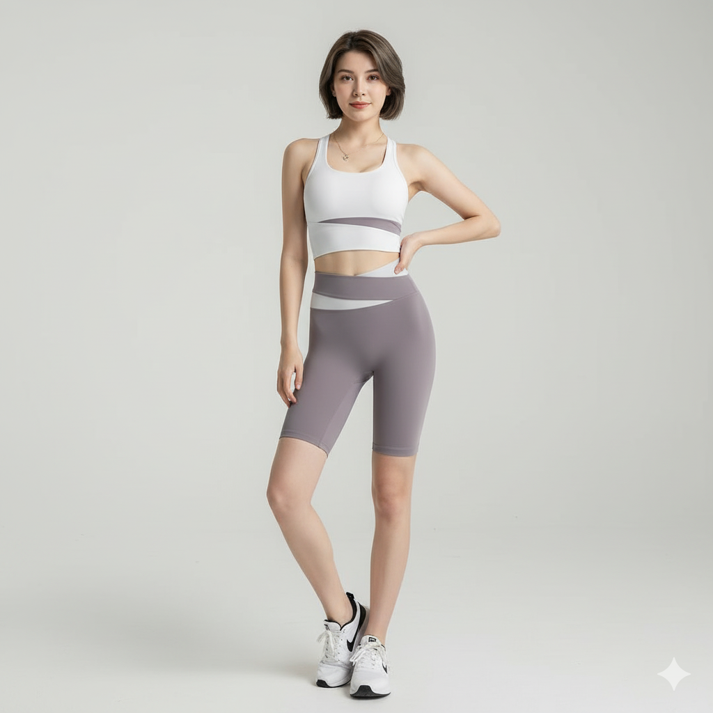 Women’s Color-Block Sports Bra and High-Waist Biker Shorts 2-Piece Set
