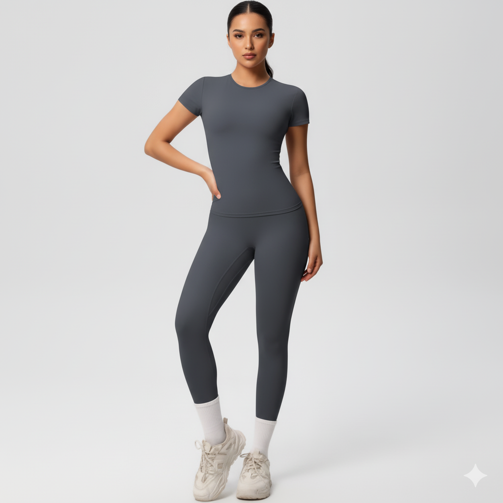 Women’s Short-Sleeve Sports Top and High-Waist Leggings 2-Piece Set